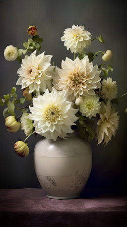 White dahlia flowers in a vase on a dark backgroundの素材