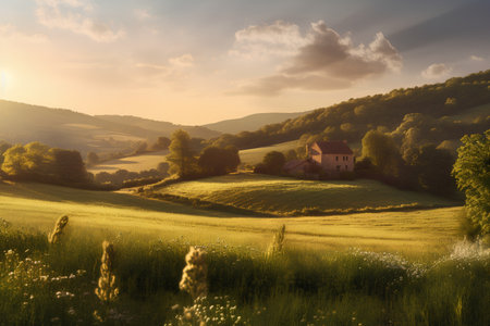 Beautiful sunset in the mountains. Rural landscape with a farm house.の素材