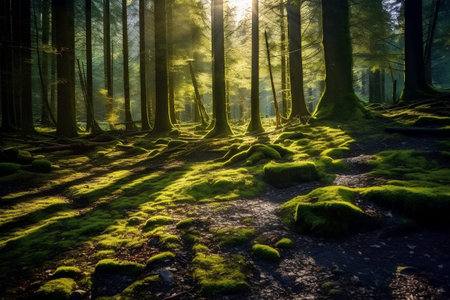 Mysterious forest with moss and sunbeams in the morningの素材
