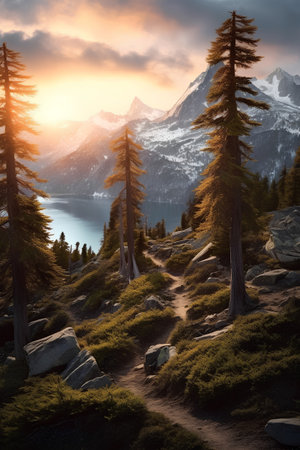 Sunset over Lake Tahoe in the Sierra Nevada mountains in Californiaの素材