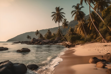 Tropical beach with palm trees, granite rocks and turquoise water. Toned.の素材