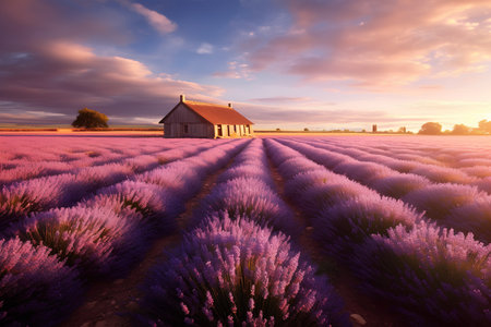 Beautiful sunset over lavender field in Provence, Franceの素材