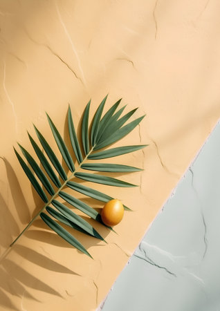 Tropical palm leaf and orange on color background. Minimal summer conceptの素材