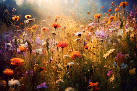 summer meadow with wildflowers and sun rays at sunsetの素材