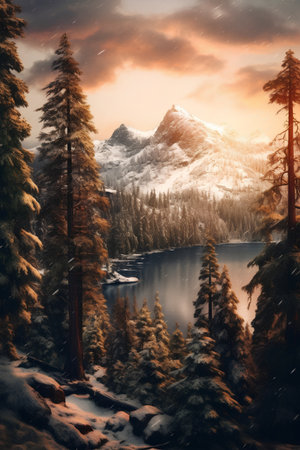 Snowy mountain lake landscape with fir trees and snowdrift.の素材