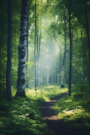 Beautiful morning in the forest with sunbeams and rays of lightの素材