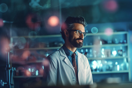 Handsome bearded scientist working in laboratory. Science and technology concept.の素材