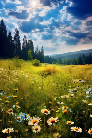 Summer landscape with meadow and wildflowers Carpathian, Ukraine, Europeの素材