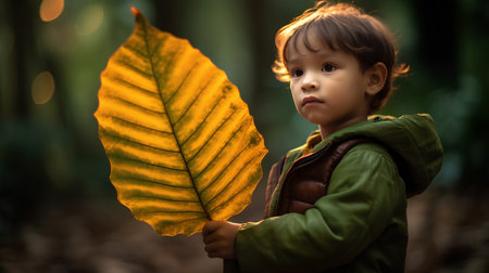 Little boy with autumn leaf in the forest. Selective focus.の素材