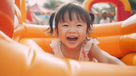 Happy asian little girl having fun on the slide at playground.の素材