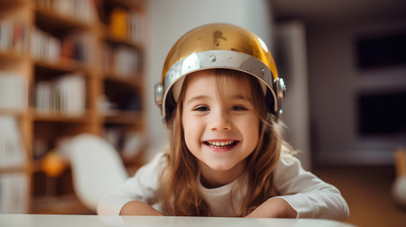 Portrait of cute little girl in safety helmet looking at camera and smilingの素材