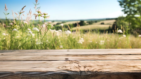 Wooden table in front of summer meadow with wildflowersの素材