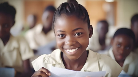 Portrait of a smiling african american schoolgirl holding a documentの素材