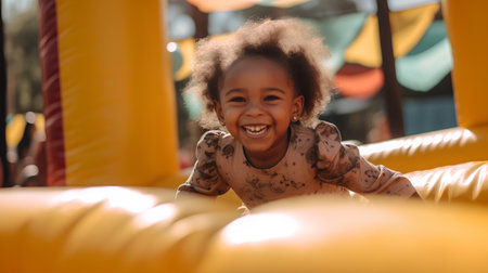 Portrait of happy african american little girl having fun on slide at playgroundの素材