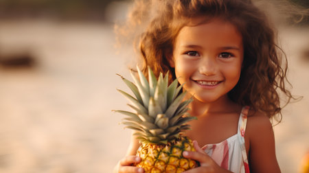 Cute little girl with pineapple on the beach in the evening.の素材