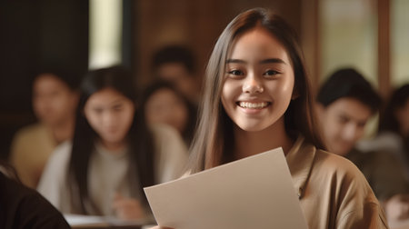 Portrait of young businesswoman holding document, smiling, looking at cameraの素材