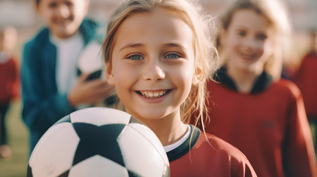 selective focus of smiling girl holding soccer ball and looking at cameraの素材