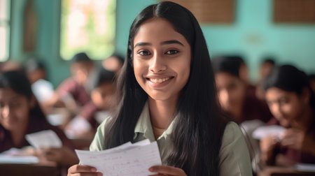 Portrait of happy female student smiling at camera while sitting in classroomの素材