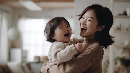 Happy asian mother and daughter playing together in living room at homeの素材
