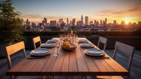 Dinner on the terrace with New York city skyline at sunsetの素材