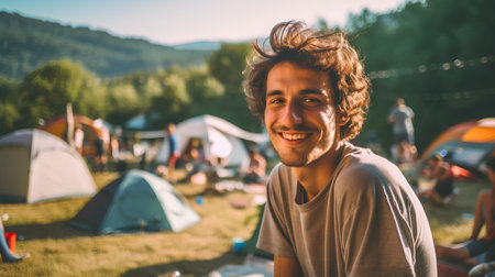 Handsome young man smiling in front of a tent in the mountainsの素材