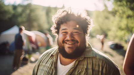 Portrait of a handsome young man smiling at the camera during a camping tripの素材