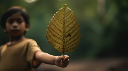Little boy holding a leaf in the forest. Selective focus.の素材