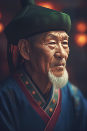 Portrait of an old man in a traditional costume of Korea.の素材