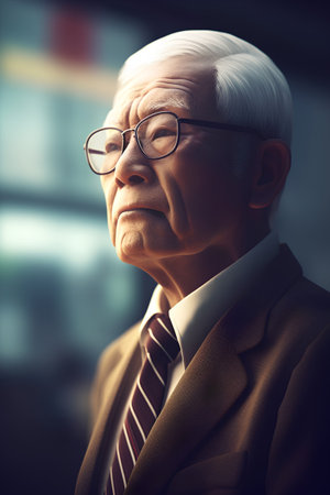 Portrait of senior businessman with eyeglasses looking away in officeの素材