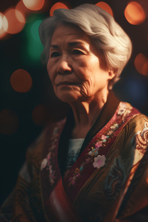 Portrait of a senior woman in traditional clothing on the background of bokehの素材