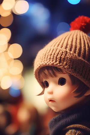 Cute doll in knitted hat on bokeh background.の素材