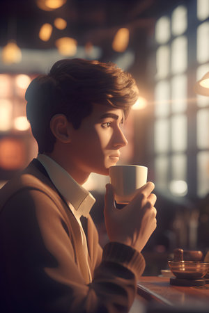 Handsome young man drinking coffee in a cafe. Retro style.の素材