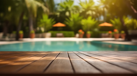 Wooden table in front of swimming pool with palm trees in the backgroundの素材