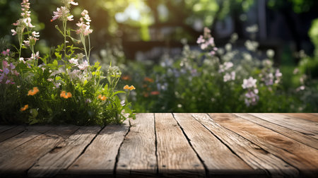 Wooden table in front of summer garden with wildflowers.の素材