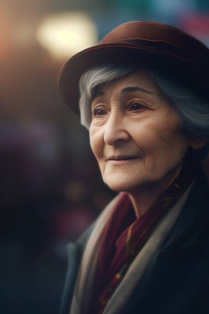 Portrait of an elderly woman in a hat on the street.の素材