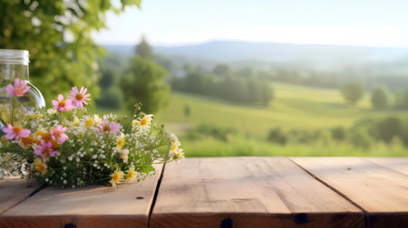 Empty wooden table in front of summer landscape with daisies and wildflowersの素材