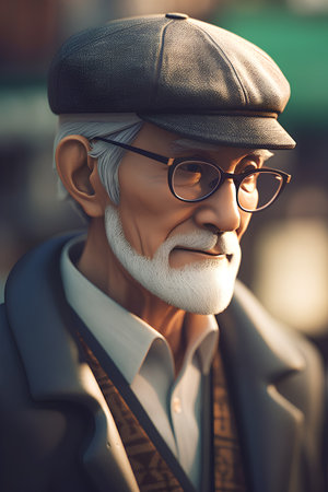 Portrait of an old man with a white beard in the cityの素材