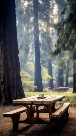 Wooden table and benches in the Redwood Forest, California, USAの素材
