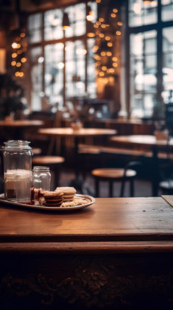 Empty wooden table with coffee cup and cookies in cafe. Selective focus.の素材