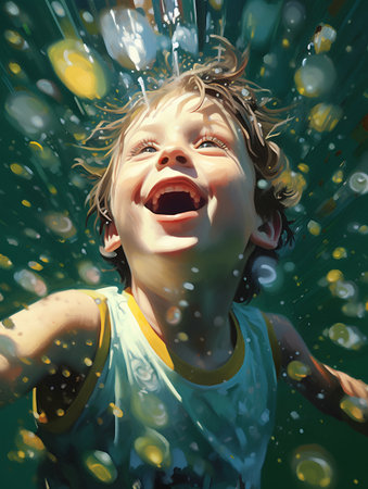 Portrait of a laughing boy in a raincoat. Illustration on a green background.の素材