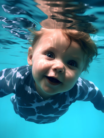 Portrait of a cute little boy swimming underwater in the pool.の素材