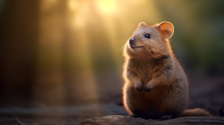 Squirrel in the forest at sunset with sunbeams in the backgroundの素材