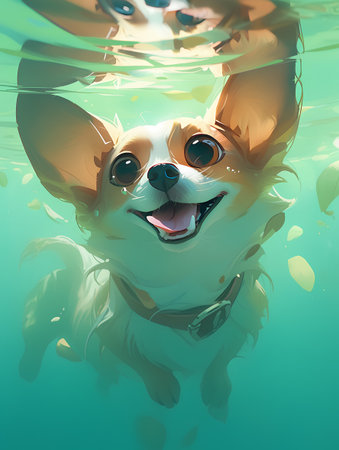 Cute chihuahua swimming in the pool. Vector illustration.の素材