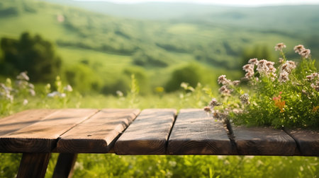 Wooden table in front of beautiful summer landscape. Selective focusの素材