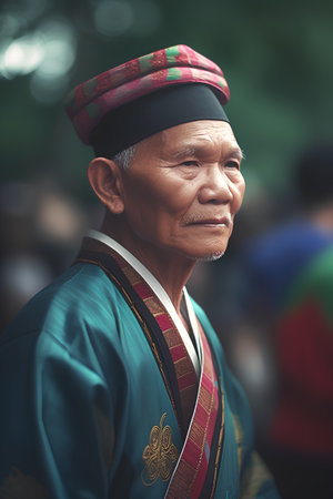 Portrait of a Nepali old man wearing traditional clothes at the Pashupatinath temple in the morningの素材