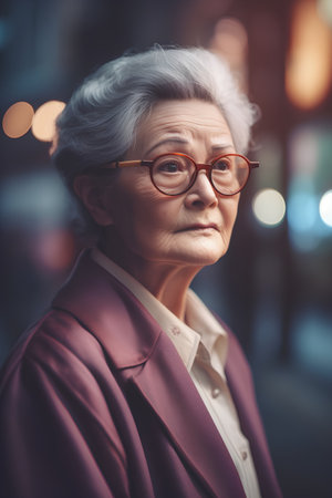 Portrait of senior asian woman wearing eyeglasses in cityの素材