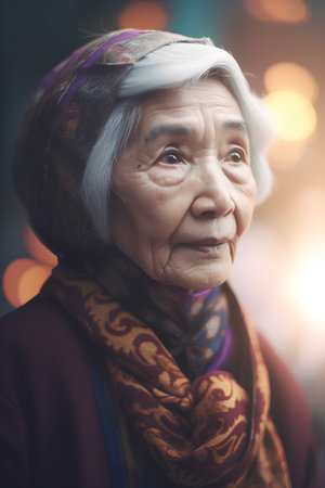 Portrait of an old asian woman on a blurred background.の素材