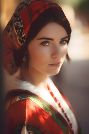 Portrait of a beautiful young woman in a shawl on the headの素材