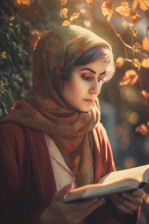 Portrait of a beautiful young woman with a book in the autumn parkの素材