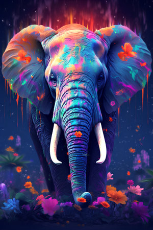 Elephant on colorful background with floral ornament. Digital painting. 3D illustration.の素材